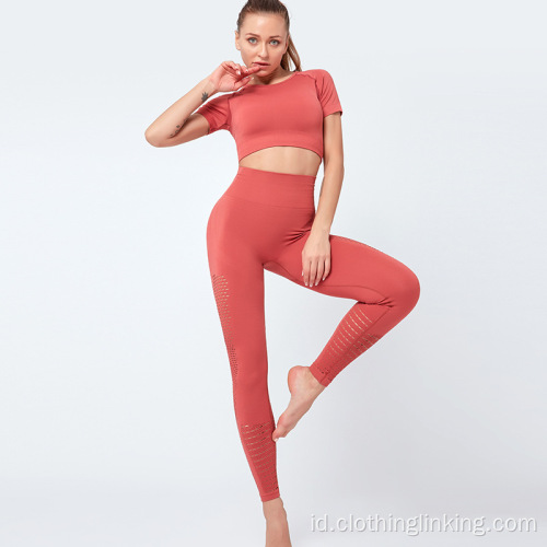 pakaian yoga untuk wanita 2 pcs set lengan pendek